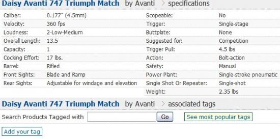 Daisy Avanti 747 Triumph Match 技术参数